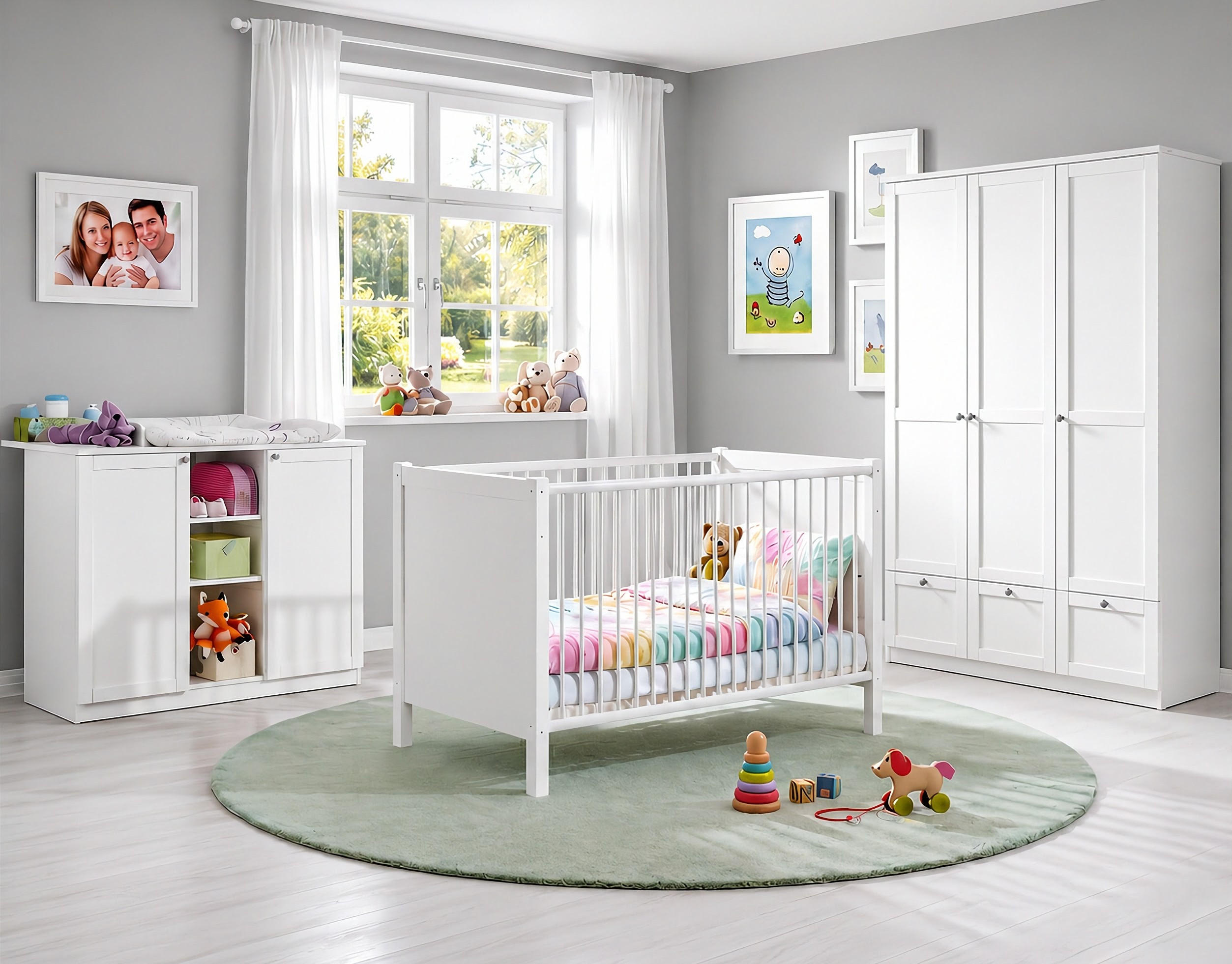 BABYZIMMER-SET 3-teilig: Babybett & Wickelkommode & Kleiderschrank 3-türig mit Schubladen B135/H200/T58 cm, Soft-Close, Landhausstil Weiß / 22804 - Silberfarben/Weiß, Holzwerkstoff/Metall (135/200/58cm) - luma-home