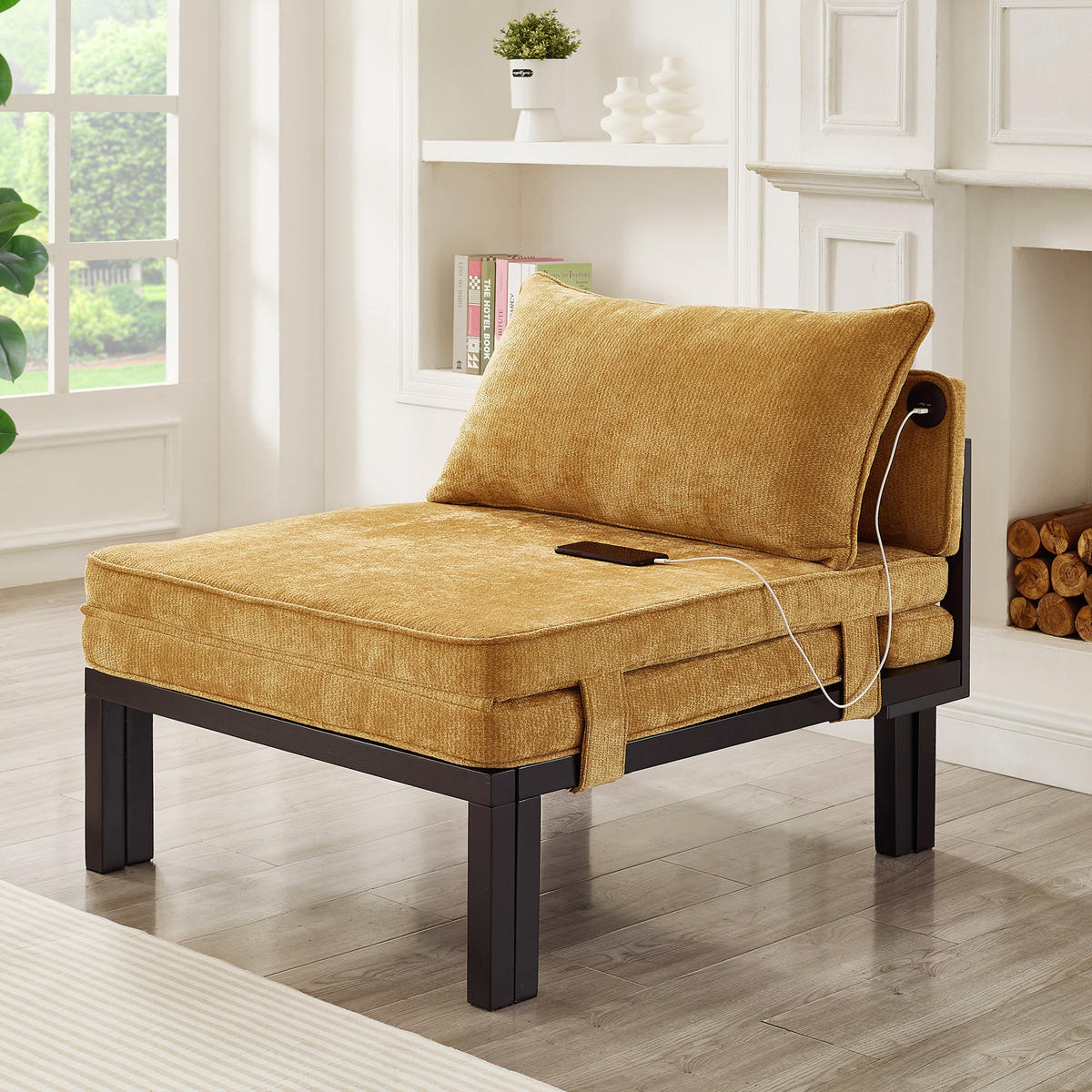 SCHLAFSOFA DE-35087 mit USB-Ladeanschluss Gelb - Gelb, Holz (82/79/176cm) - ComfortXL