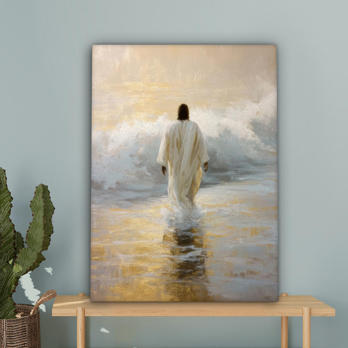 LEINWANDBILD Gemälde - Welle - Jesus - Abstrakt Wandbild Wohnzimmer 60x80 cm - Goldfarben, Textil (60/80cm) - MuchoWow