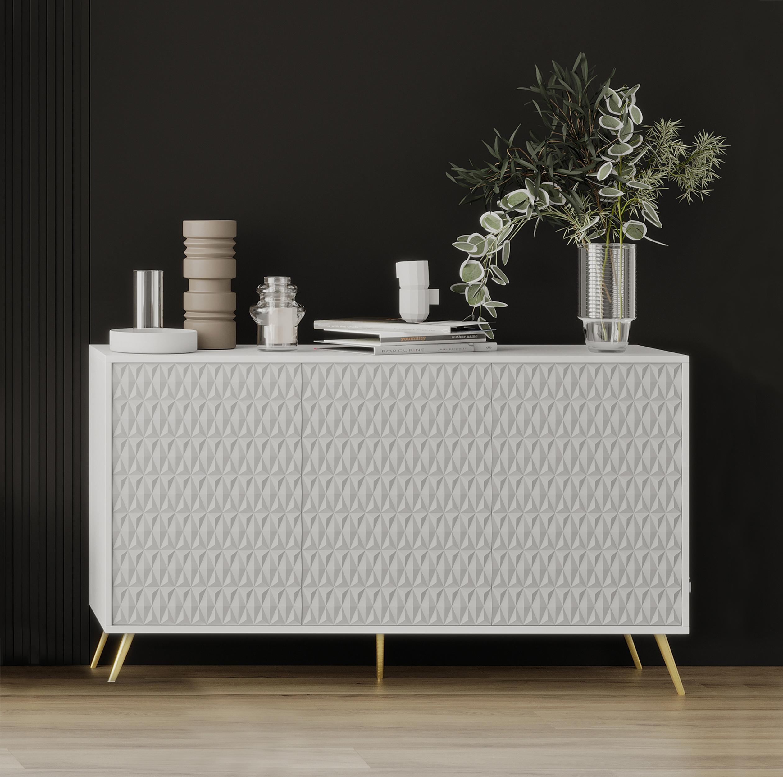 SIDEBOARD Delvine 3T Weiß 154/78/38 cm – mit schwarzen Beinen und 3 verzierten Türen - Goldfarben/Weiß, Holzwerkstoff (154/78/38cm) - AX Living