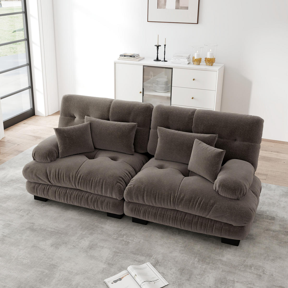 2-SITZER SOFA Chenille Braun mit Lendenkissen und Dekokissen - Braun, Textil (220/81/77cm) - WISHDOR