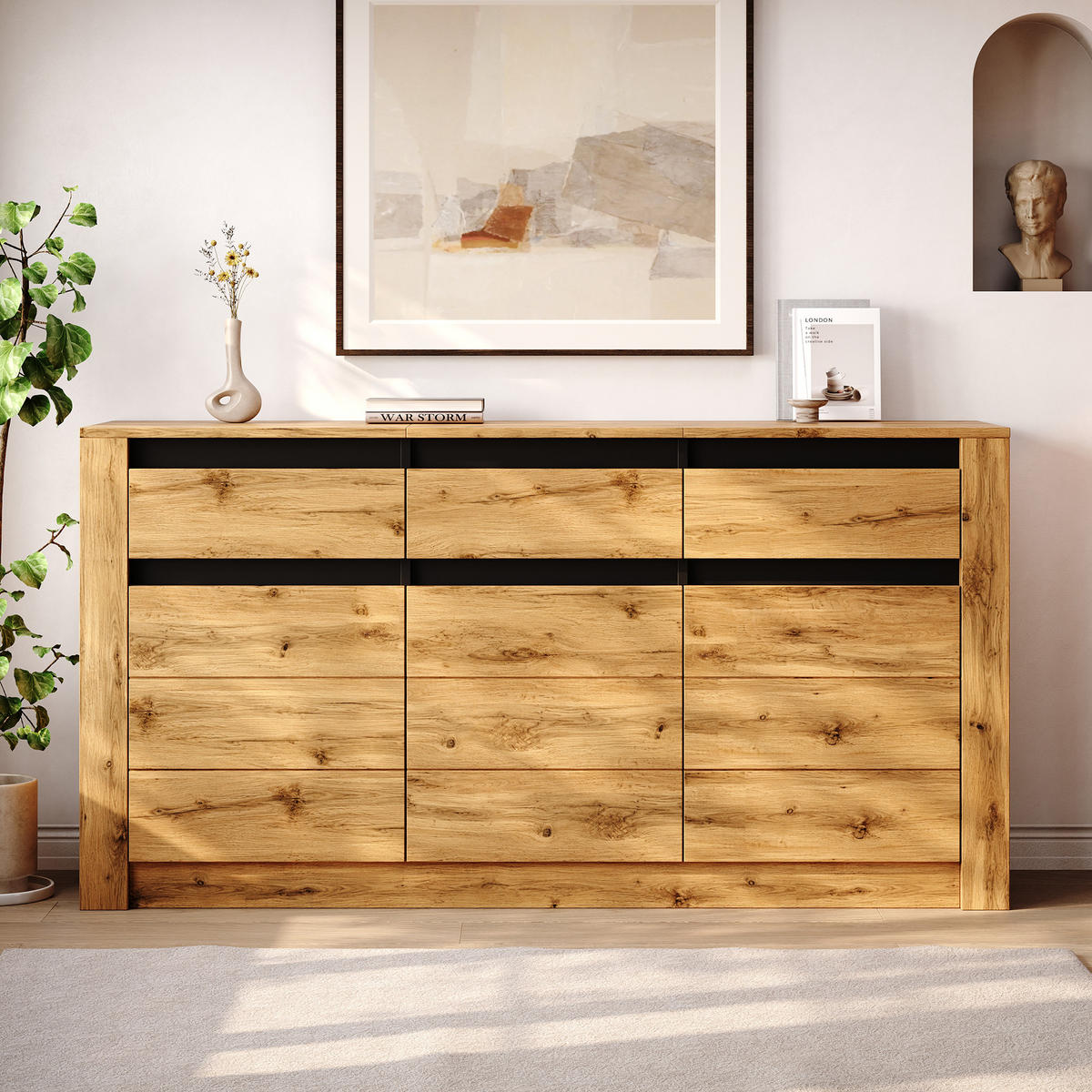SIDEBOARD Wellenoptik 3 Schubladen 9 Fächer 135cm Naturholz - Naturfarben, Holzwerkstoff (135/70/35cm) - FLIEKS