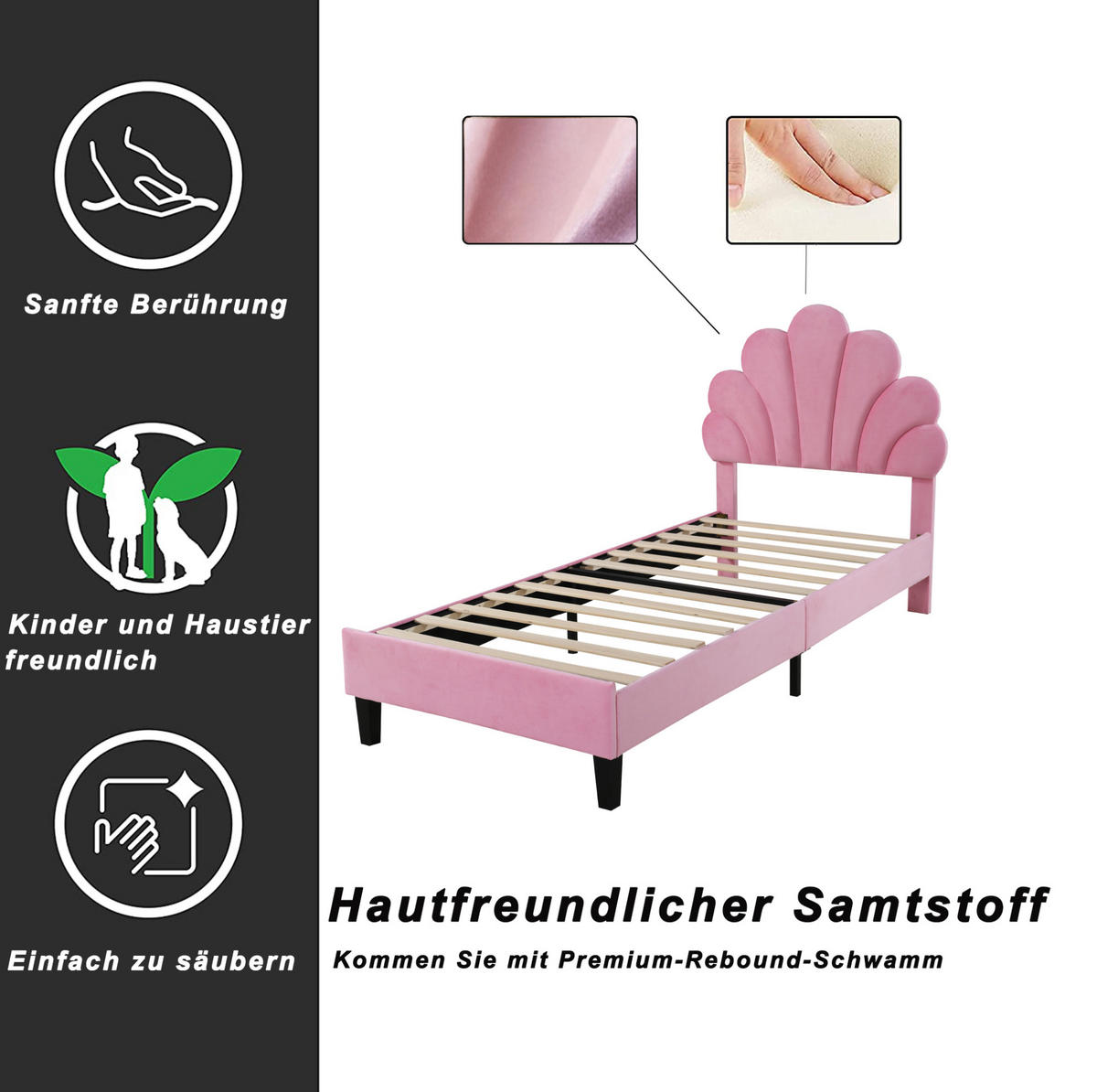 POLSTERBETT 90/200 cm aus Samt mit Kopfteil in Blumenform und Lattenrost Beige - Beige, Textil (90/200cm) - Modenvie
