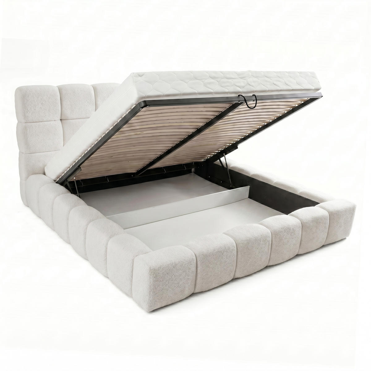 POLSTERBETT AMITY MAXI 140x200 cm in Creme, gepolstertes Kopfteil, Lattenrost, Bettkasten, Bouclé-Stoff - Creme/Naturfarben, Holz/Textil (140/200cm) - Muffo