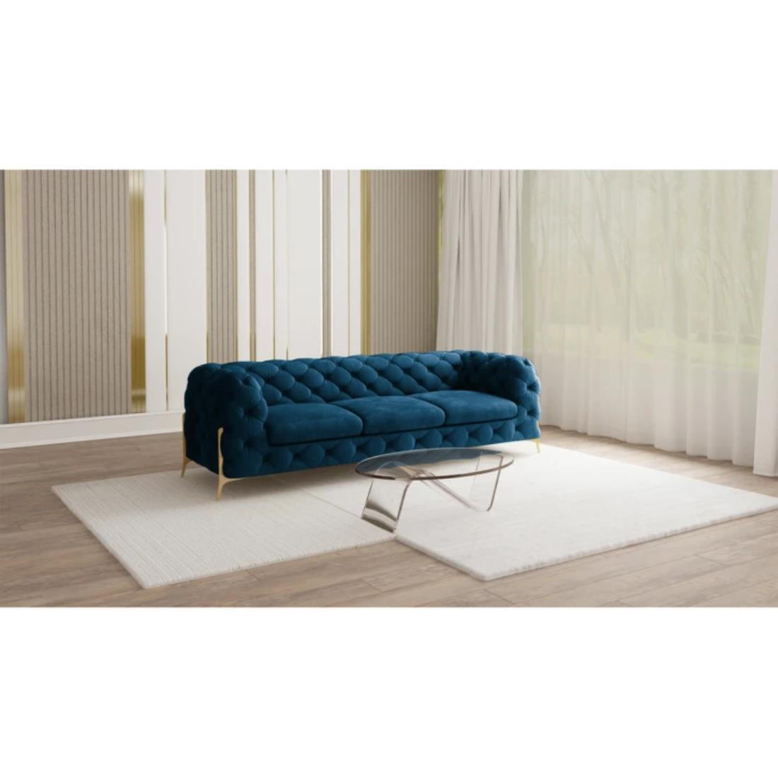 CHESTERFIELD-SOFA 3-Sitzer Lexi Marineblau Samt - Goldfarben/Dunkelblau, Holz/Textil (243/75/100cm) - S-Style Möbel
