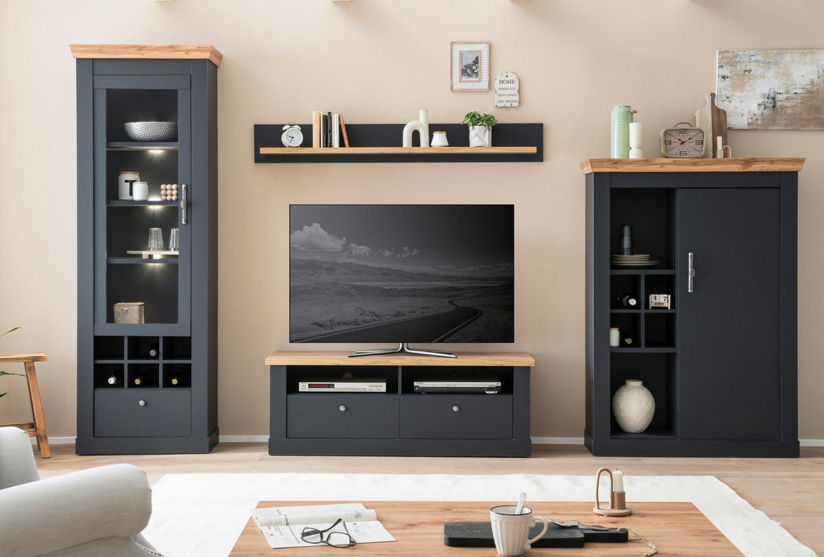KOMMODE grau, Eiche Wotan, Landhaus 107 cm, Highboard mit Soft-Close - Silberfarben/Eiche Wotan, Holzwerkstoff/Kunststoff (107/146/38cm) - Furn.Design