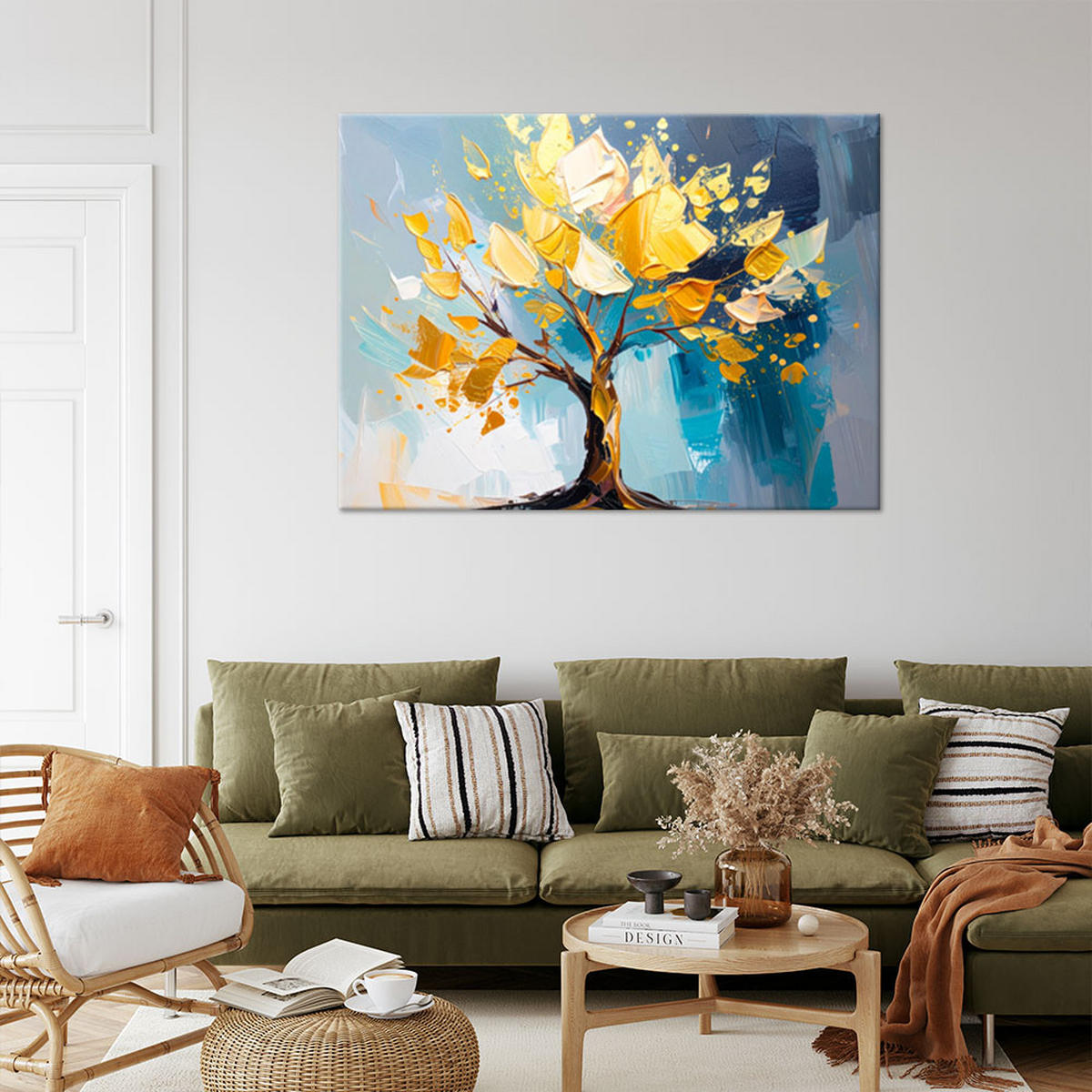 LEINWANDBILD Landschaft Goldener Baum Ölfarbe-Imitation 60x40cm - Blau, Textil (60/40cm) - Feeby