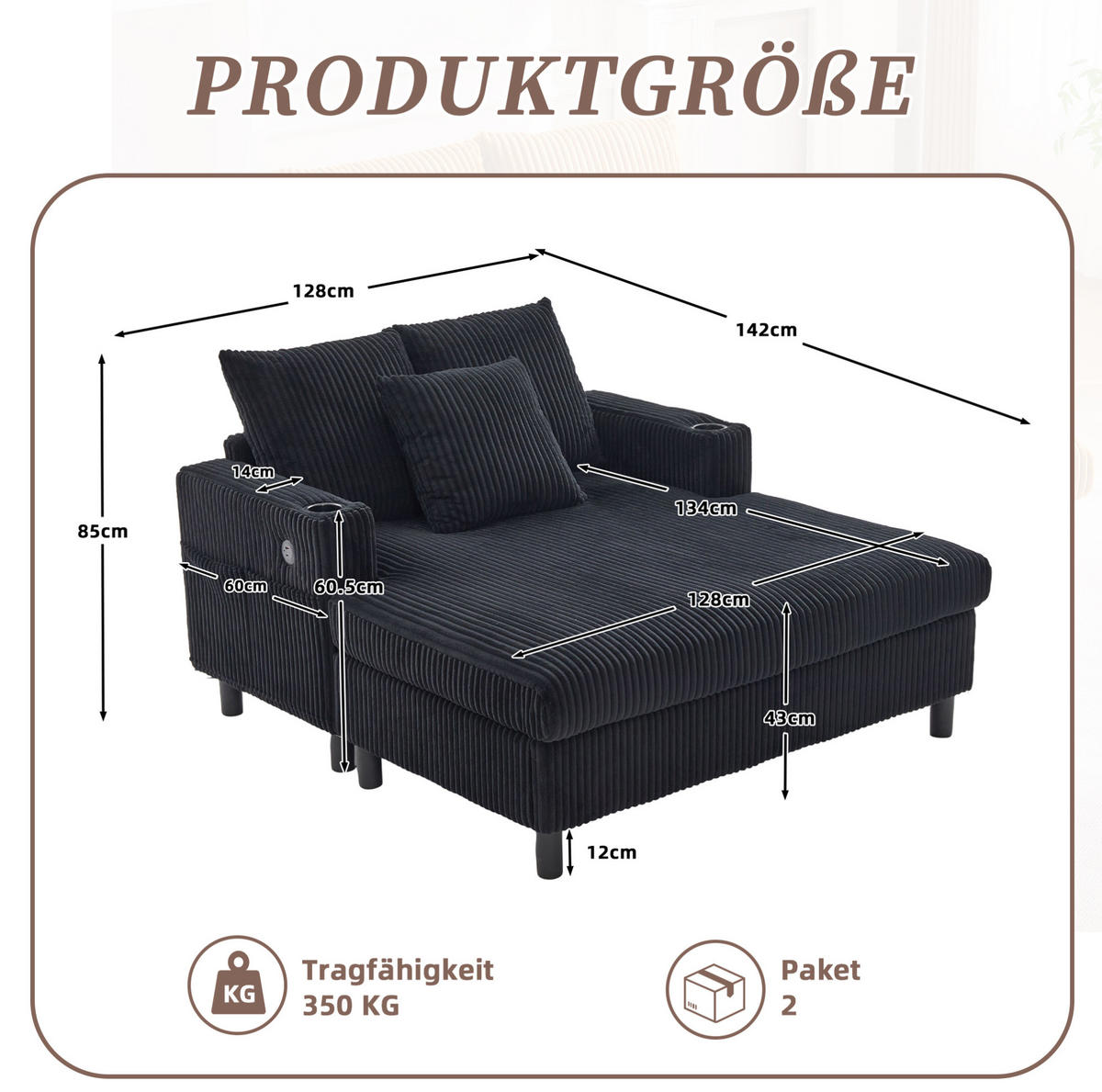 SCHLAFSESSEL mit USB und Getränkehalter ca. 142 x 128 x 85 cm Corduroy Black - Schwarz, Holz (128/85/142cm) - Meubliv