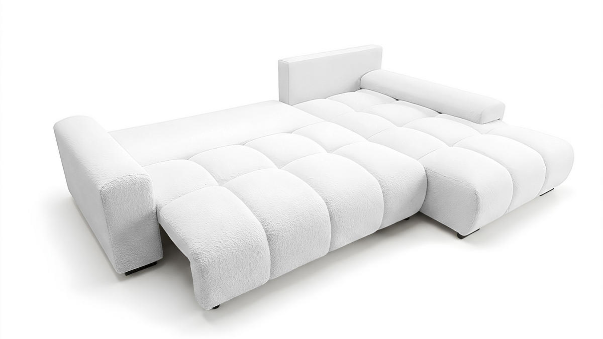 ECKSOFA Ovia mit Bettkasten und Schlaffunktion, Bouclé-Stoff in L-Form - Weiß, Textil (270/185cm)