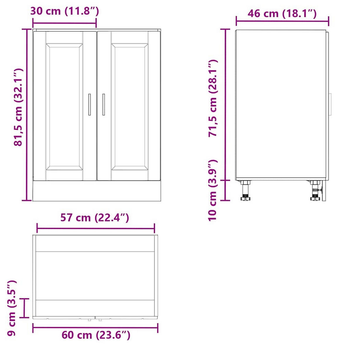 KÜCHENUNTERSCHRANK Porto Schwarz Holzwerkstoff - Schwarz, Holzwerkstoff (46/81.5/60cm) - vidaXL