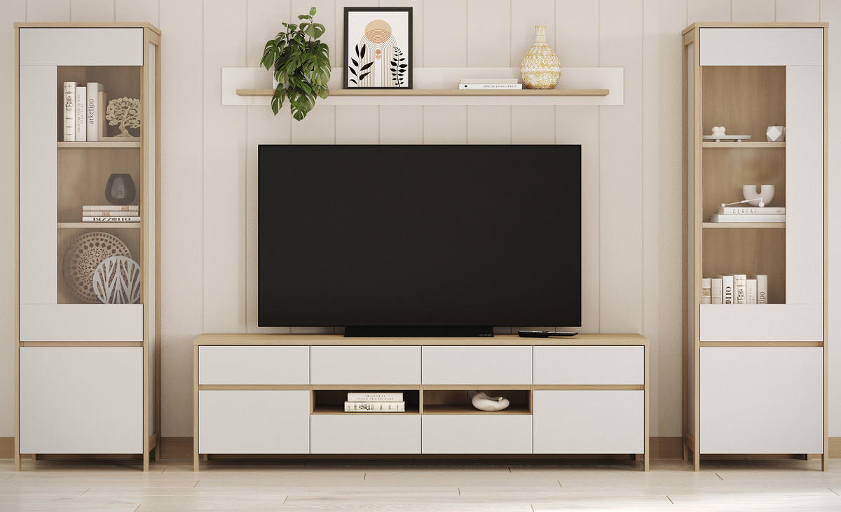 WOHNWAND weiß, Eiche 4-teilig 339 cm, Wohnkombination skandinavisch mit Soft-Close, Finnes - Eichefarben/Weiß, Glas/Holzwerkstoff (339/195/39cm) - Furn.Design