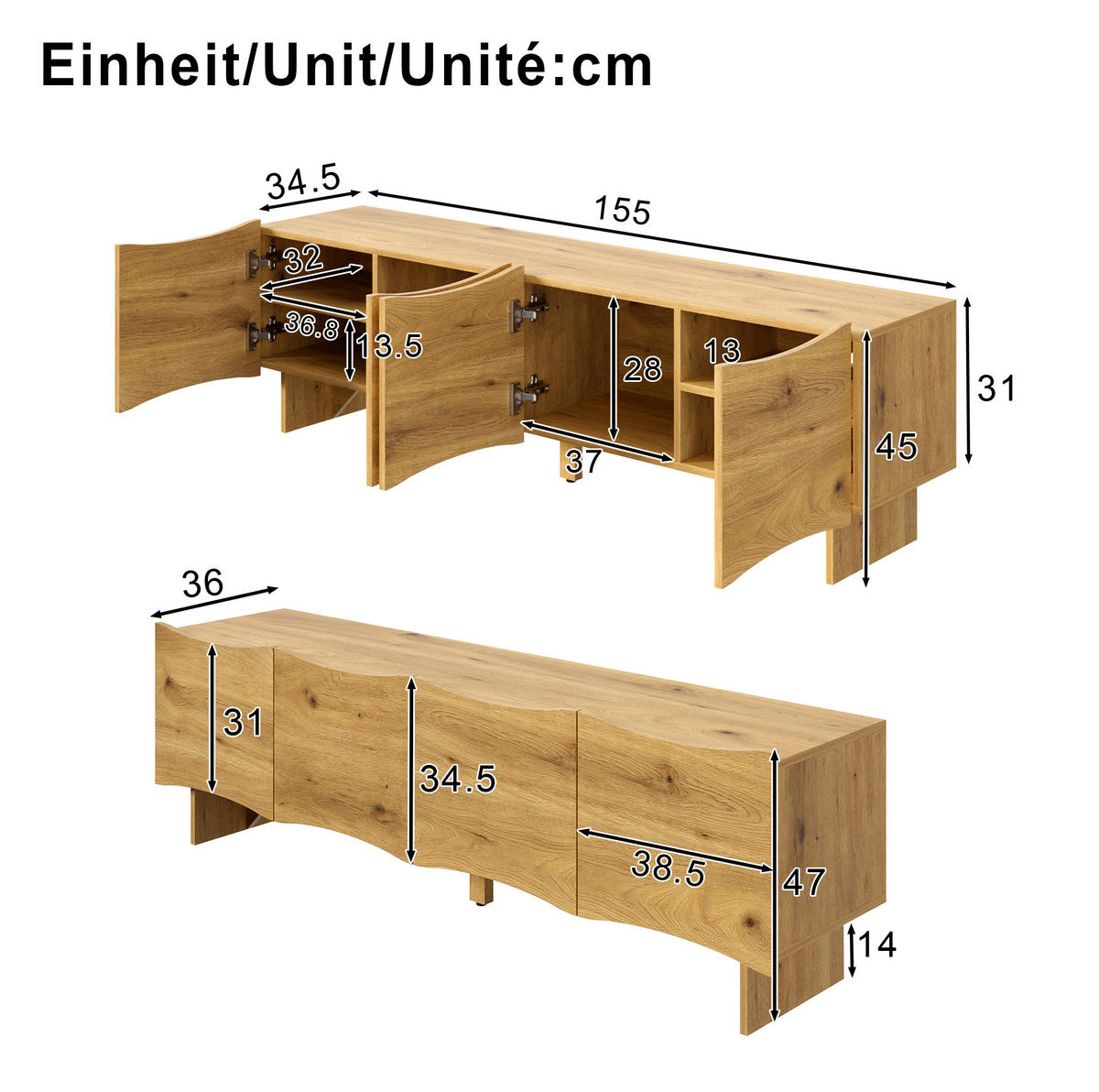 TV-ELEMENT mit 4 Türen 155 x 36 x 47 cm Holzoptik Natural - Braun, Holzwerkstoff (36/47/155cm) - Beauniv