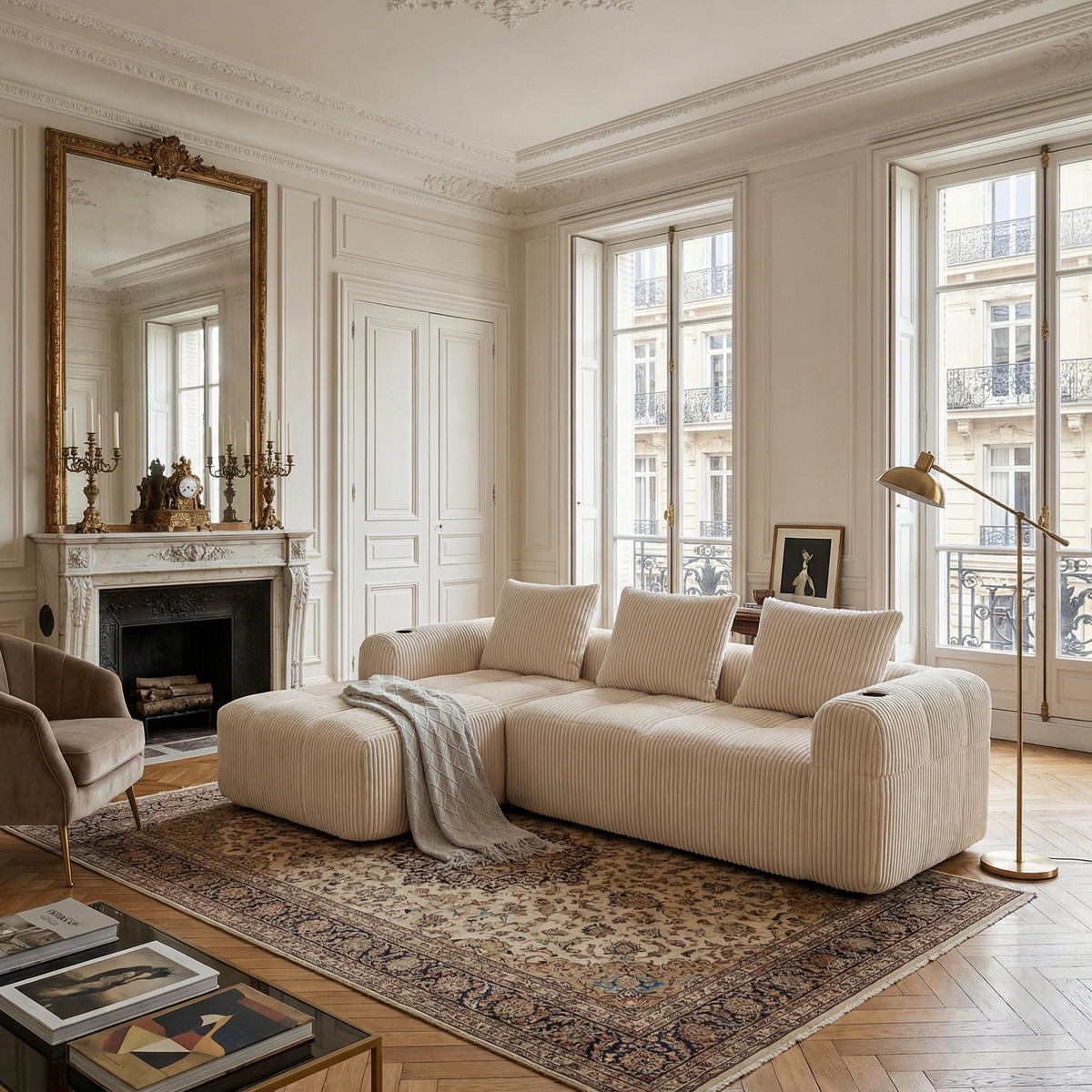 ROHOVÁ POHOVKA 3místná s držákem na pití, bočními kapsami a 3 polštáři - béžová, textil (253/158cm) - Urban Meuble