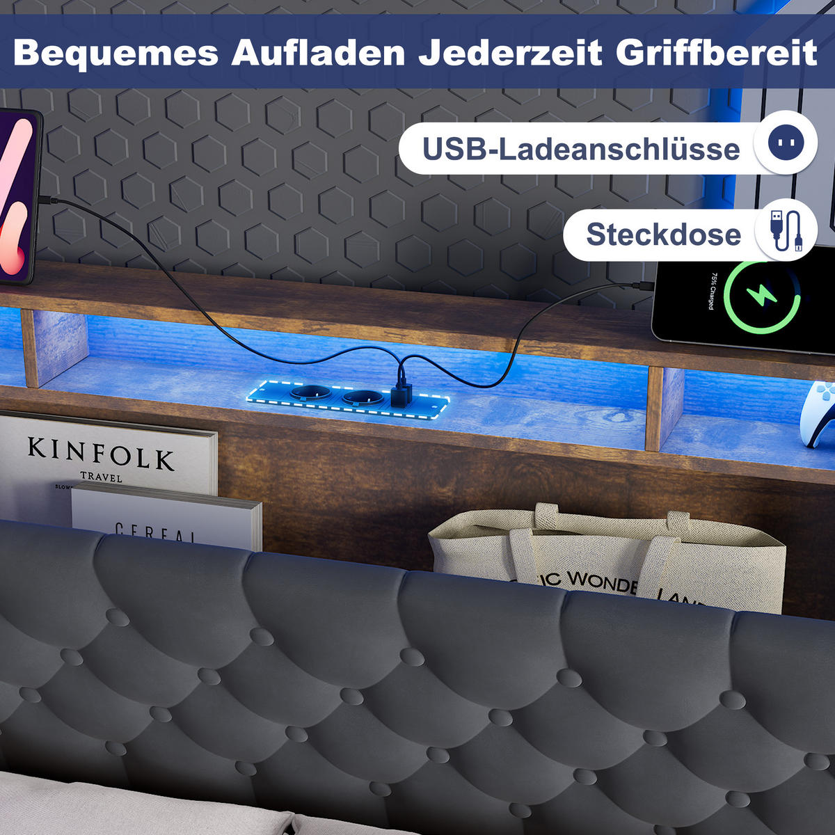 POLSTERBETT 180/200 mit Matratze und Bettkasten und Stauraumbett mit Schubladen und LED Funktionbett in Grau - Grau, Holzwerkstoff/Textil (180/200cm) - STILVORA