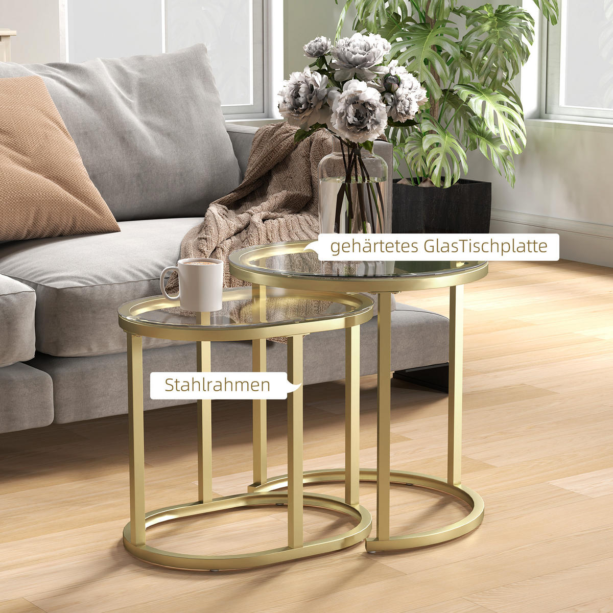 COUCHTISCH rund 2er Set Stapelbarer Beistelltisch mit Stahlrahmen für Wohnzimmer - Goldfarben, Metall (50/50/50.5cm) - HOMCOM