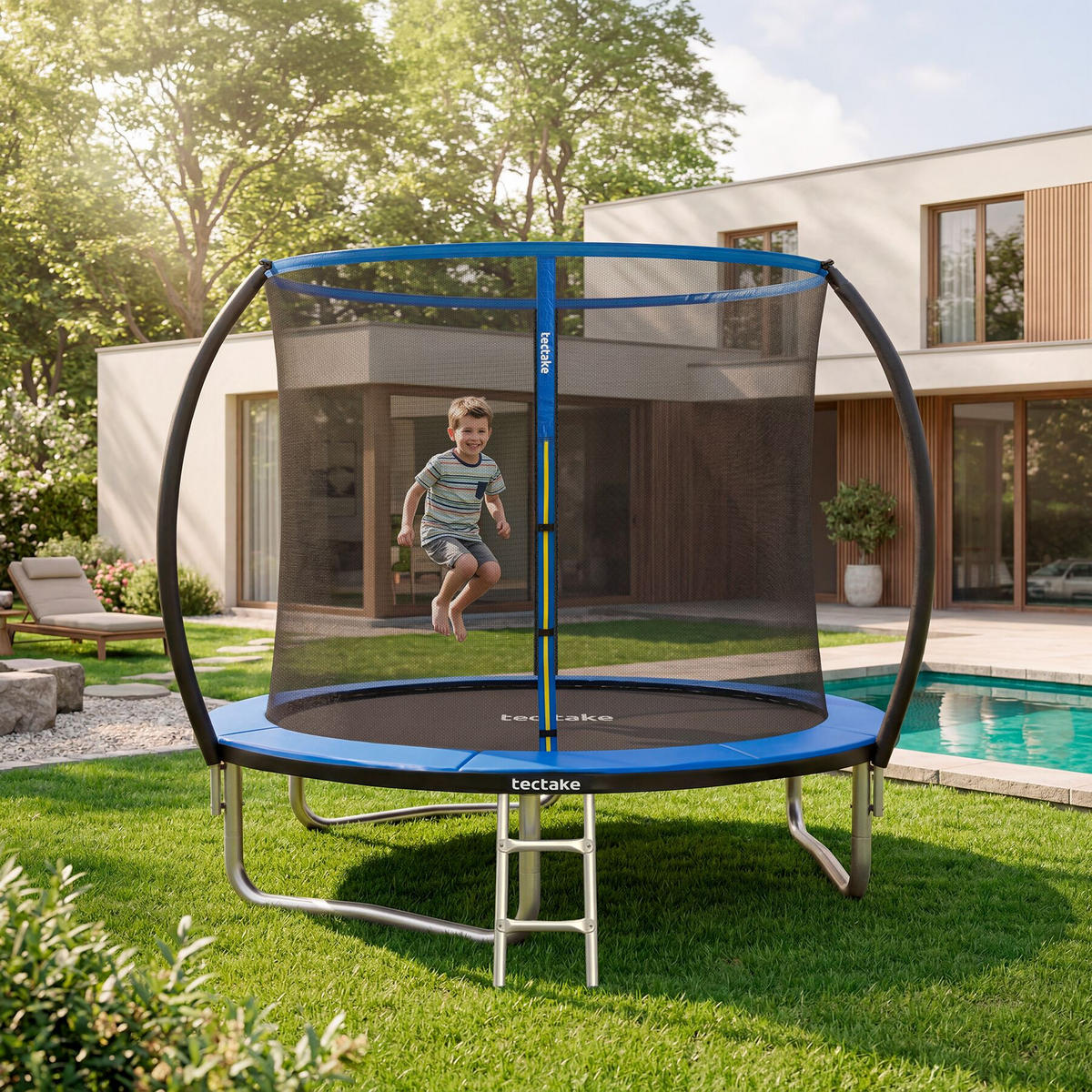 TRAMPOLIN Jumpy, inklusive Einstiegsleiter, schwarz/blau - Blau/Schwarz, Metall (260/250/260cm) - tectake