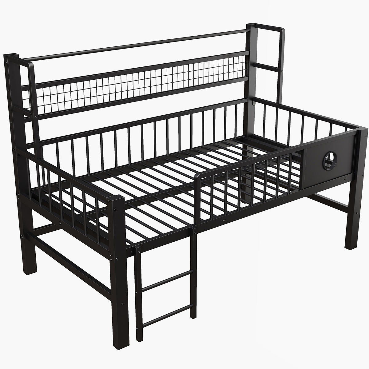 KINDERBETT 90/200 cm aus Metall mit Sicherheitsgitter und Stauraum, Schwarz - Schwarz, Metall (90/200cm) - Flora Grace