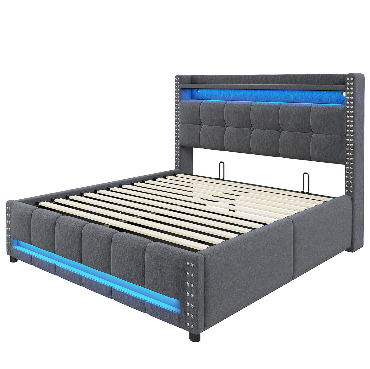ČALÚNENÁ posteľ z leinenstoffu 140x200 cm sivá s LED osvetlením, USB portom a hydraulickým úložným priestorom - sivá, textil (140/200cm) - Modfu