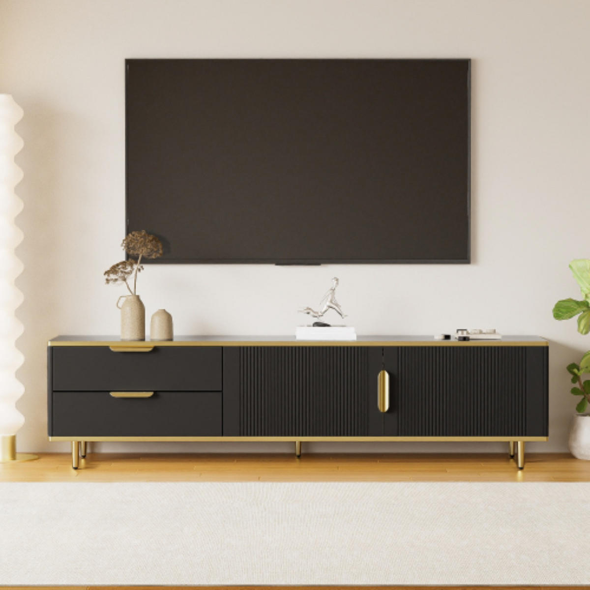 TV-SCHRANK 170/37/45 cm schwarz mit geschnitzter Struktur und goldenen Griffen - Schwarz, Holzwerkstoff (170/45/37cm) - OKWISH