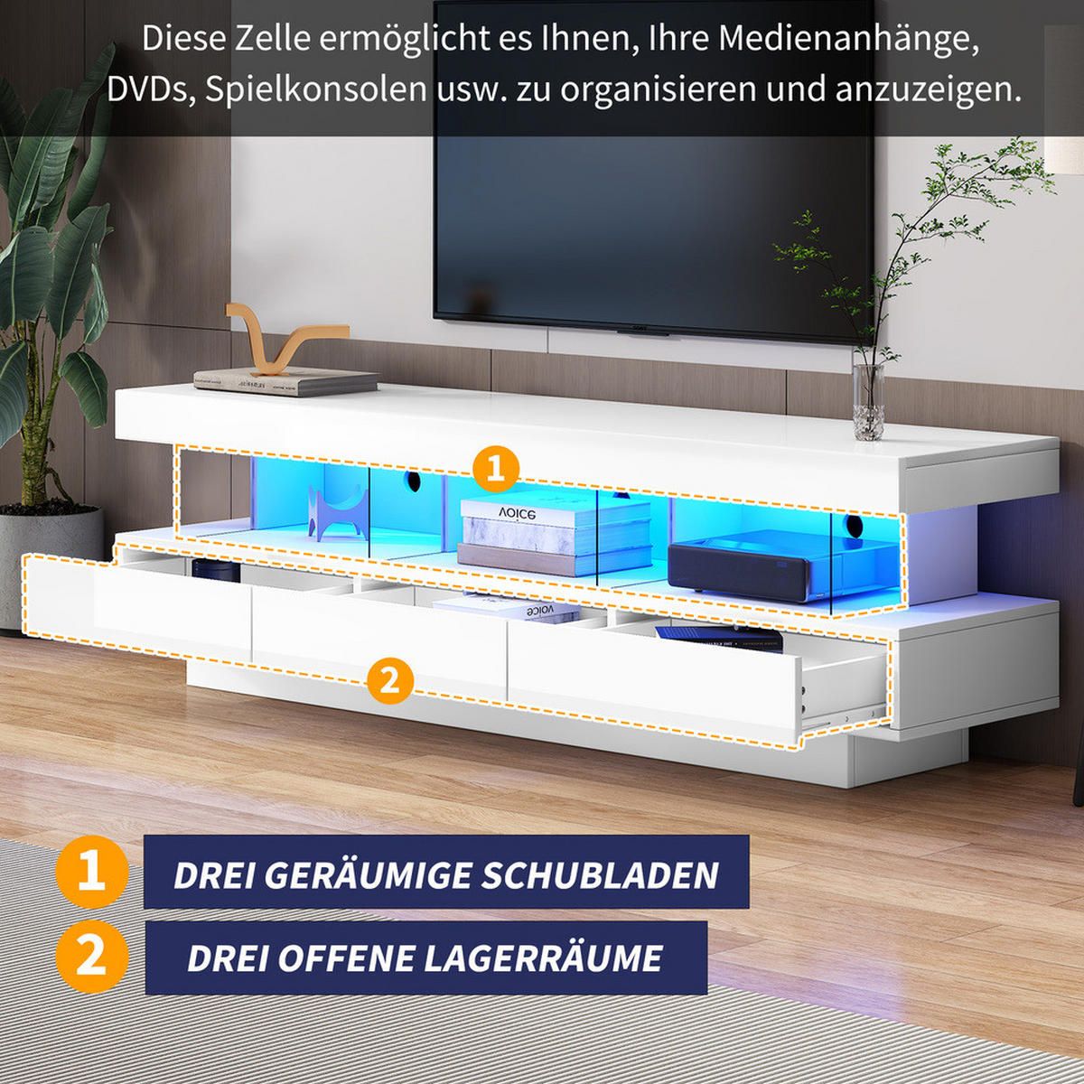 TV-SCHRANK 160x38cm Hochglanz LED-Beleuchtung App-Steuerung Weiß Glasfächer - Weiß, Holz (40.5/29/63.5cm) - FLIEKS