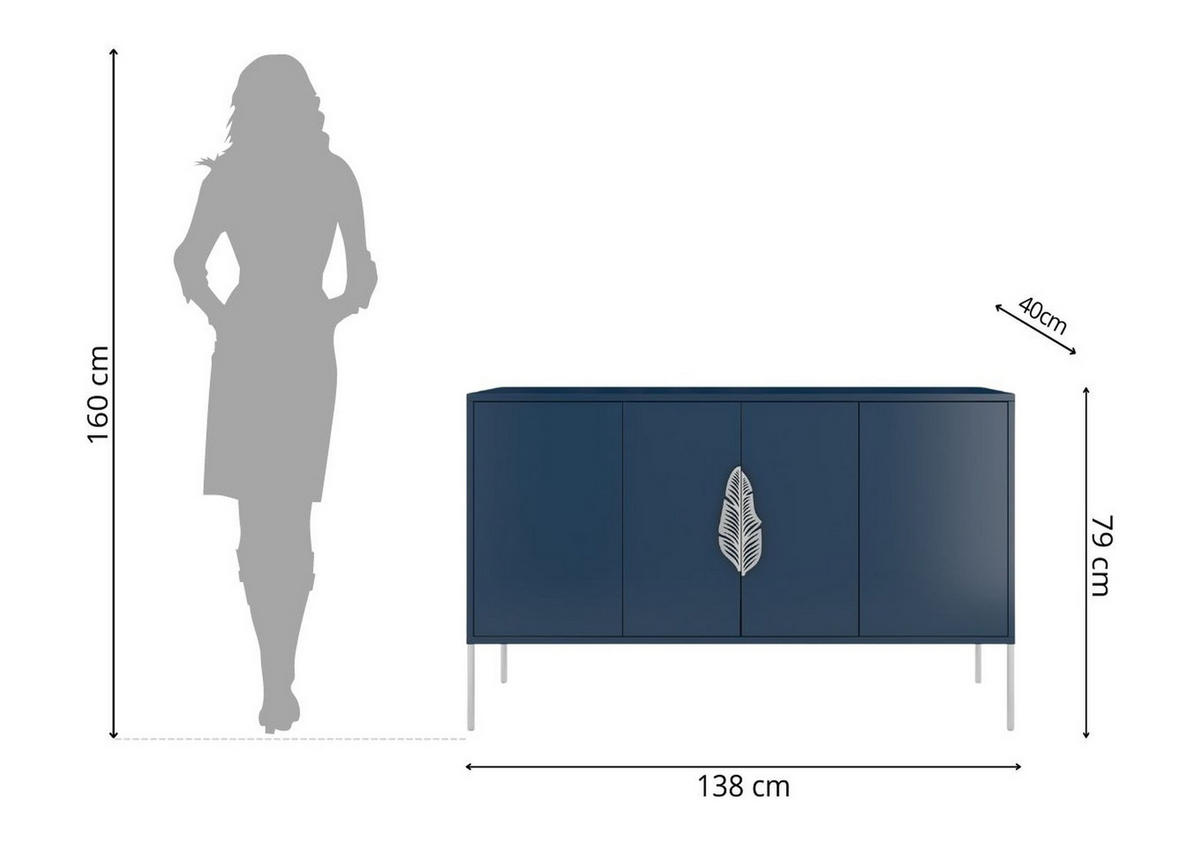 SIDEBOARD Merlin, Marinblau, Silberfarbene Details - Silberfarben/Dunkelblau, Holzwerkstoff/Metall (138/79/40cm) - Skandica