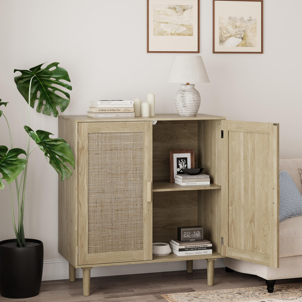 SIDEBOARD in Naturfarben mit zwei Rattan-Türen für Wohnzimmer, Esszimmer und Diele, B80/T40/H88 cm - Schwarz/Naturfarben, Holzwerkstoff (80/88/40cm) - STILVORA