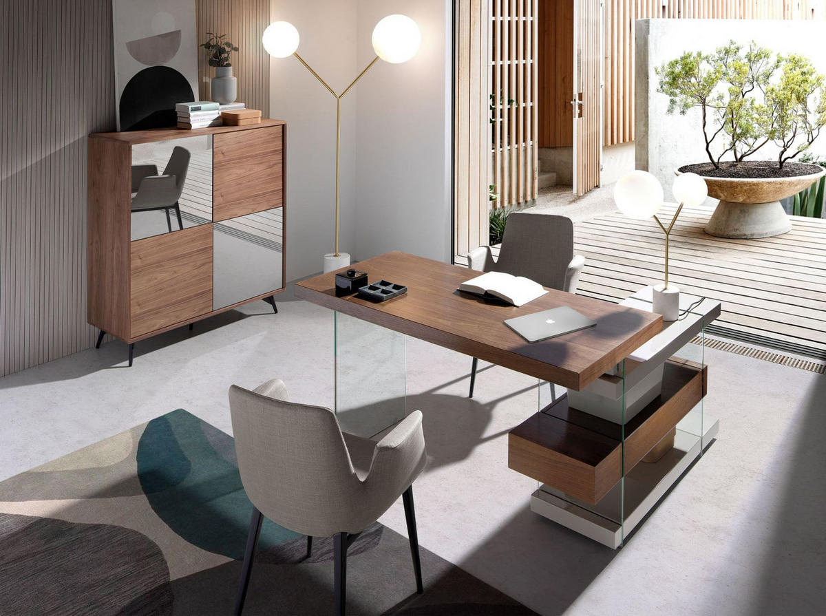 SCHREIBTISCH Schreibtisch aus grauem Holz und gehärtetem Glas mit Platte aus Walnussholz 140/127/75 cm - Transparent/Walnussfarben, Glas/Holz (127/140/75cm) - ANGEL CERDA