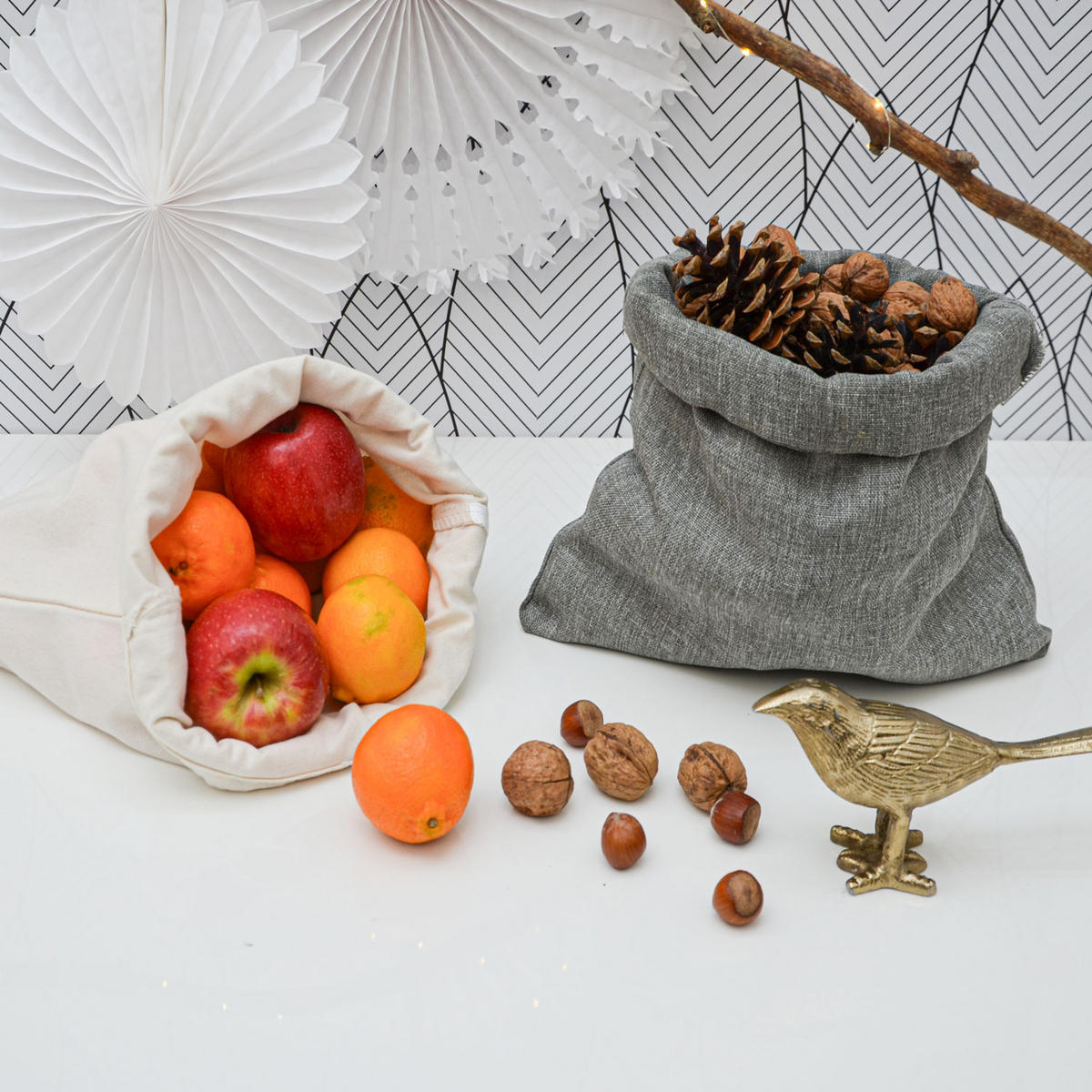 WEIHNACHTS-GESCHENKBEUTEL, 32/32 cm, Stoffbeutel, 6er Set - Grau, Kunststoff (32/1/32cm) - Dunedesign