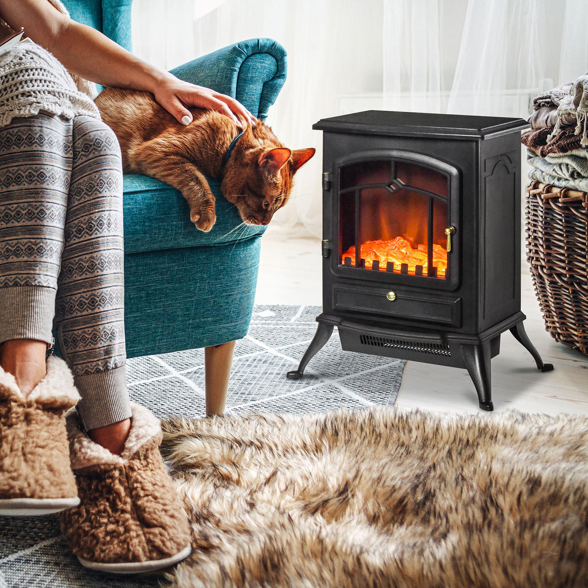 ELEKTROKAMIN Kaminofen Flammeneffekt Überhitzungs-Schutz Schwarz 45x28x54 cm - Schwarz, Metall (28/54/45cm) - HOMCOM