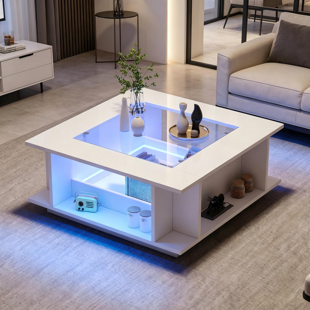 COUCHTISCH mit Hochglanz Weiß und Glasplatte integrierten Ablagen LED-Beleuchtung 70/70/30 cm - Weiß, Glas/Holzwerkstoff (70/70/30cm) - EVRYAE