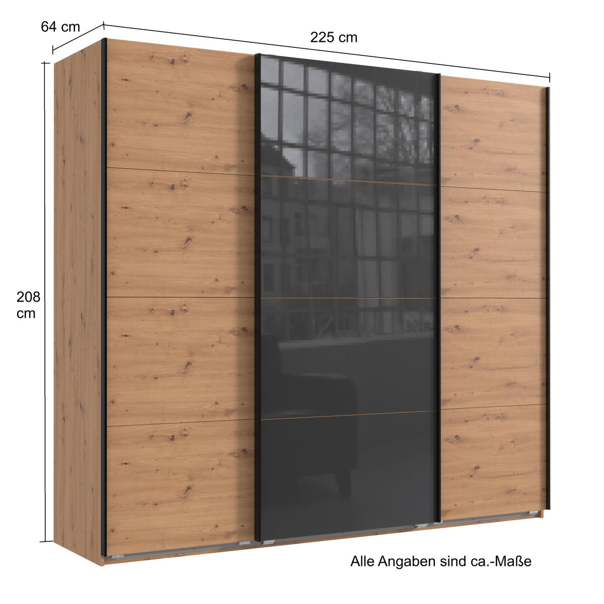 SCHWEBETÜRENSCHRANK 3-türig in Eichendekor, eine Tür mit Glasfront Grau, B225/H208/T64 cm / 22524 - Eichefarben/Schwarz, Holzwerkstoff/Metall (225/208/64cm) - luma-home