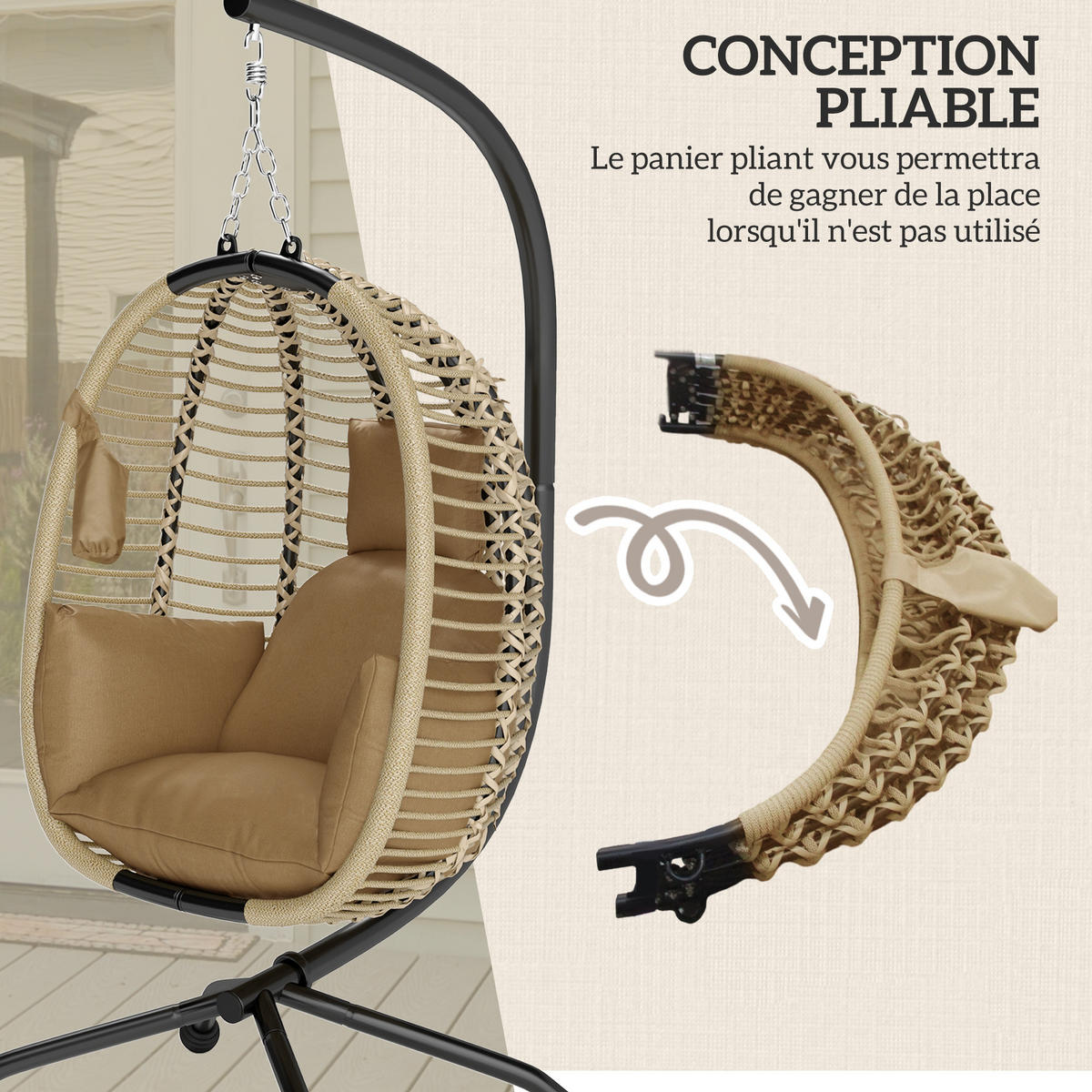 HÄNGESESSEL DE-15281 klappbar mit Kissen und Gestell Beige - Beige, Metall (100/188/110cm) - ComfortXL