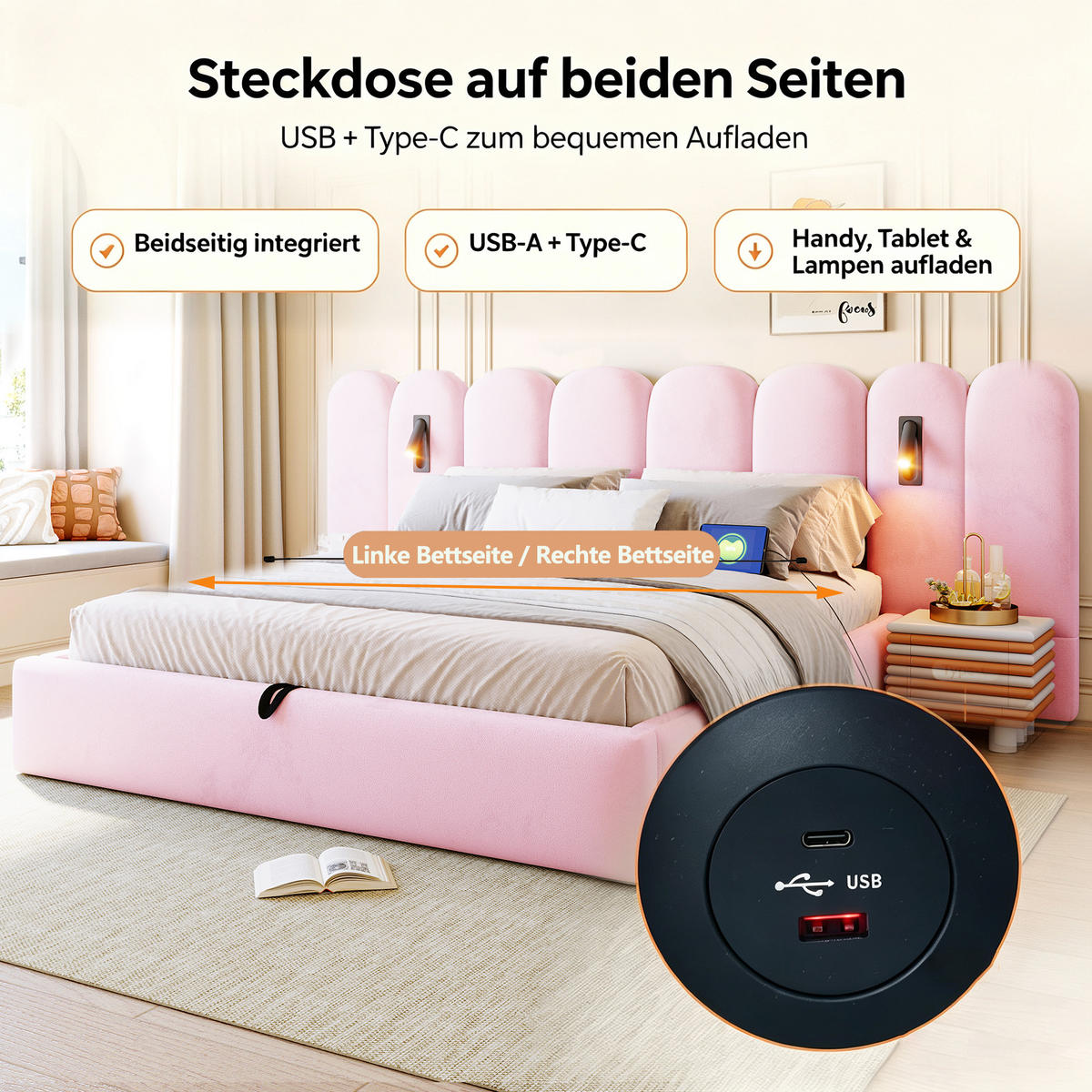 BOXBETT 180/200 mit Wolken Kopfteil, Bettkasten/Leselampe/USB, Samt, Rosa - Rosa, Holz/Textil (180/200cm) - LVHOM