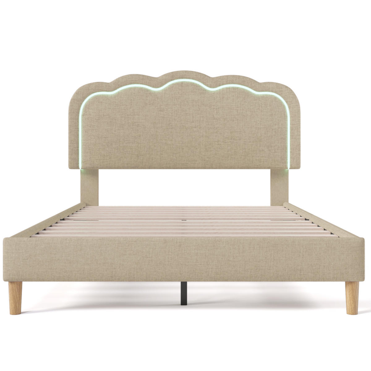 POLSTERBETT aus Leinen 140x200 cm in Beige mit LED-Kopfteil - Beige, Textil (140/200cm) - Modfu
