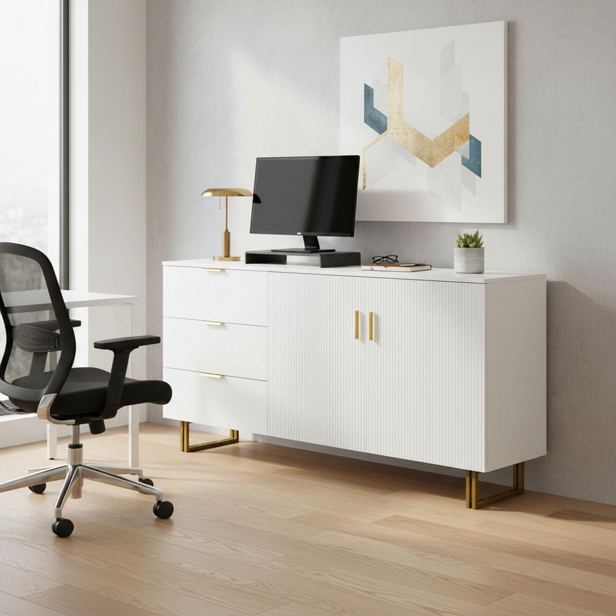 SIDEBOARD Elegante Kommode mit 2 Türen & 3 Schubladen Weiß - Weiß, Holzwerkstoff (160/81.5/40cm) - Urban Meuble