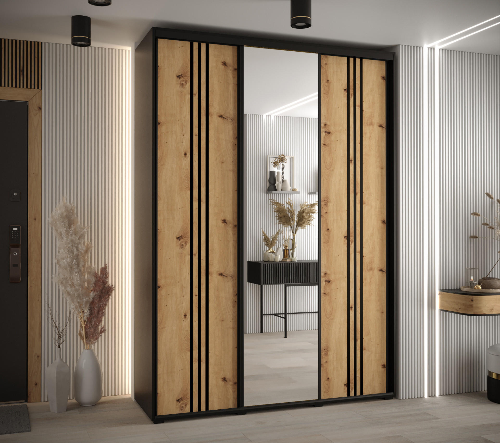 SCHWEBETÜRENSCHRANK 235,2/170/45 3-türig - Schwarz/Eiche Artisan, Holz/Metall (170/235/45cm) - Abiks Möbel