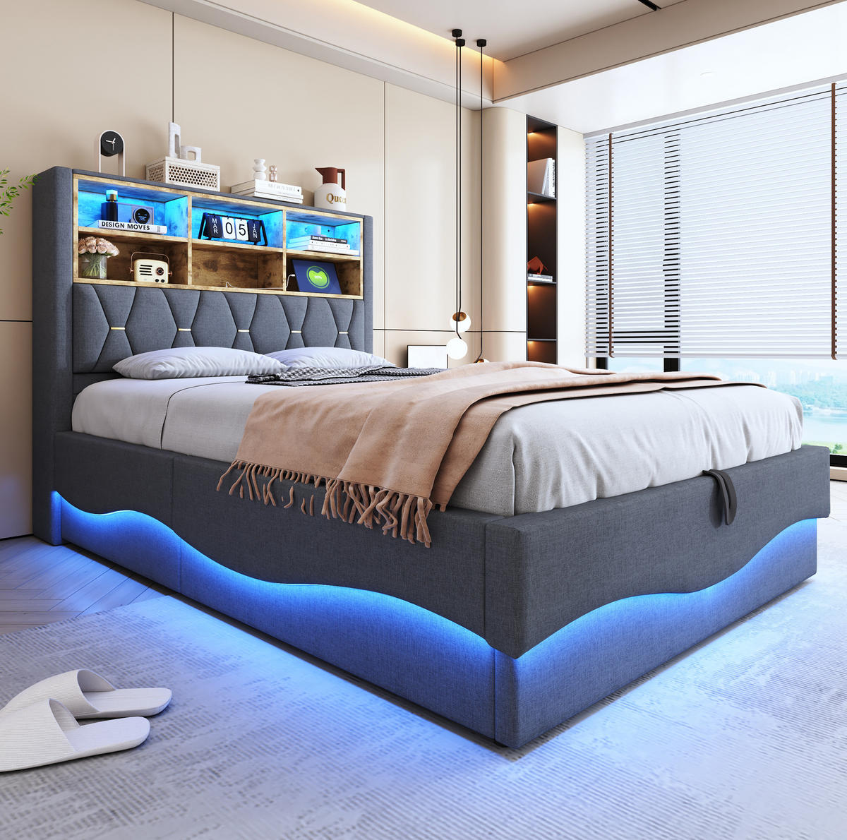 ČALÚNENÁ posteľ z kovu a ľanu 140x200 cm sivá s LED osvetlením, USB portom a hydraulickým úložným priestorom - sivá, kov (140/200cm) - Modfu