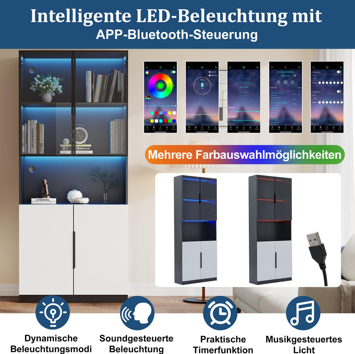 VITRINE aus Spanplatte 80x30x200 cm Weiß/Schwarz mit LED-Beleuchtung und Glastüren - Weiß, Holzwerkstoff (80/200/30cm) - IVMEU