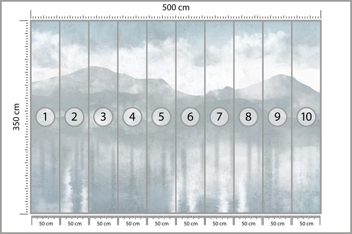 FOTOTAPETE für Schlafzimmer Blaue Berglandschaft Nebel Modern Vintage Himmel 500x350 - Grau, Papier (500/350cm) - Muralo