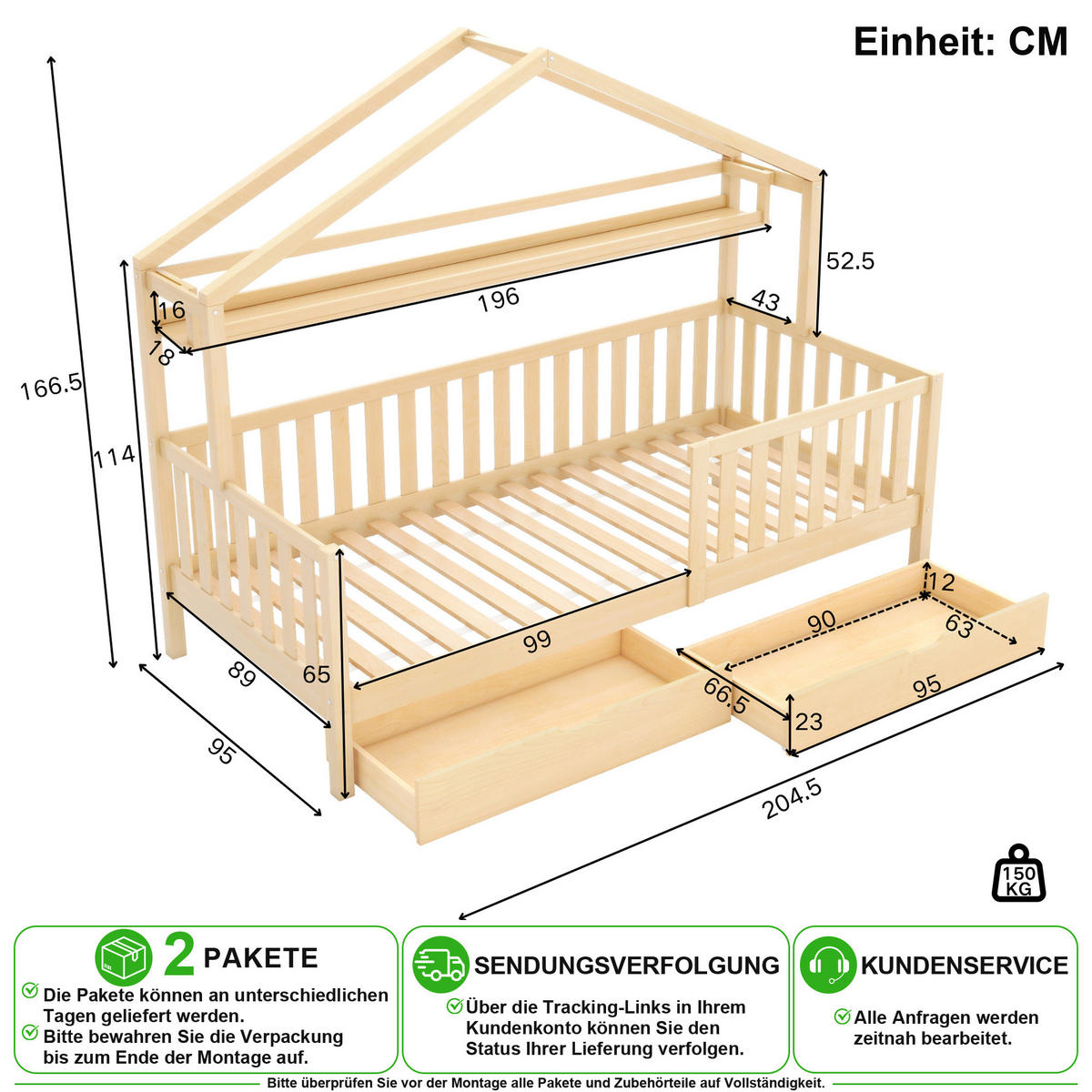 KINDERBETT 90/200 cm in Natur mit 2 Schubladen, Ablage und Zaun - Naturfarben, Holz/Holzwerkstoff (90/200cm) - CHICFURN