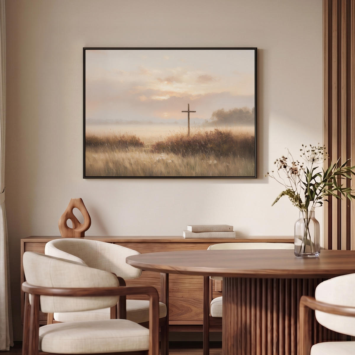 LEINWAND Bilder mit Rahmen - Gras - Morgennebel - Kreuz - Christentum - 100x70 - Beige, Textil (100/70cm) - MuchoWow
