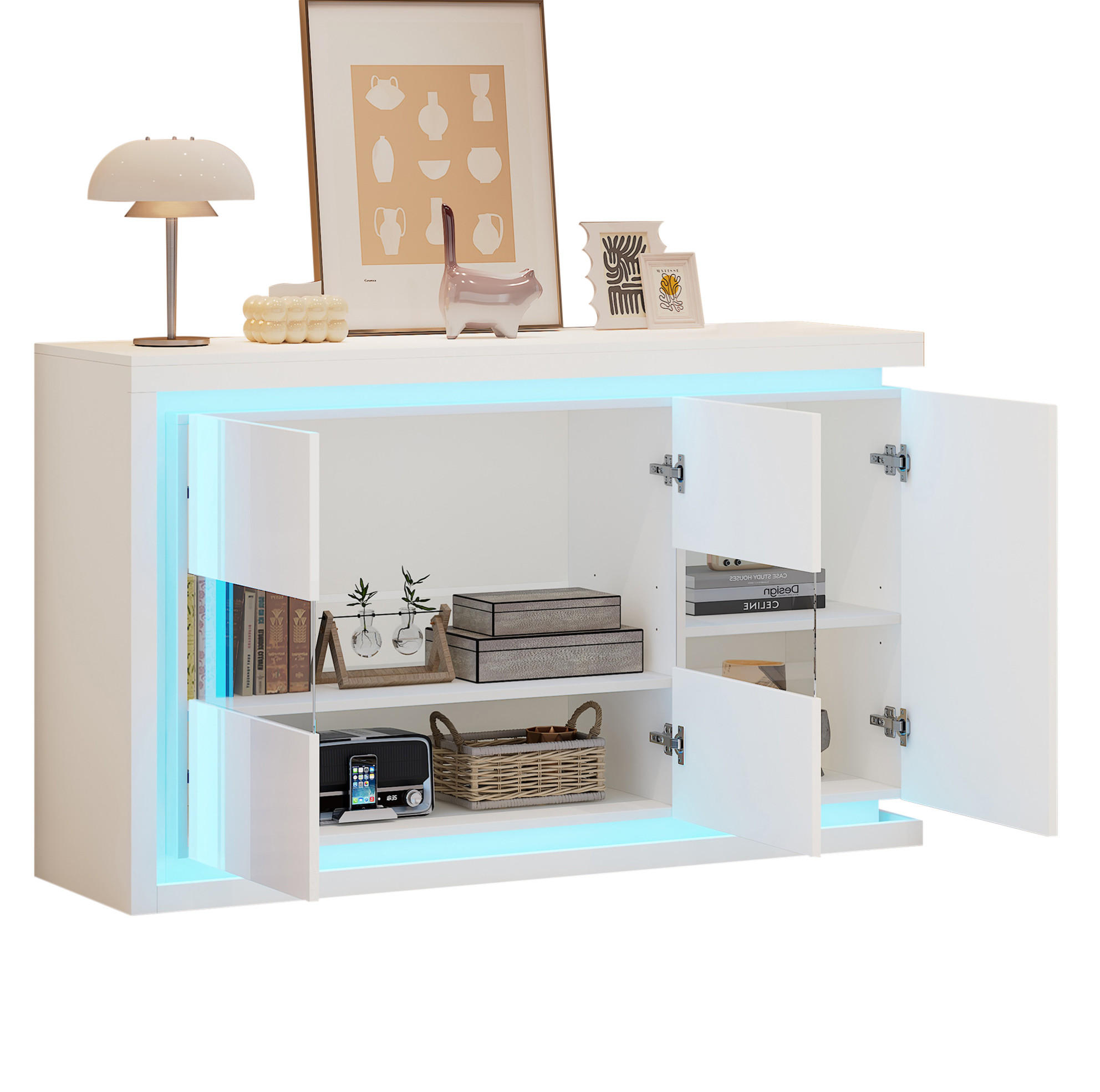 SIDEBOARD aus Spanplatte 140x40x84 cm Weiß mit LED-Beleuchtung, Glastüren und verstellbaren Einlegeböden - Weiß, Holzwerkstoff (140/84/40cm) - Modfu