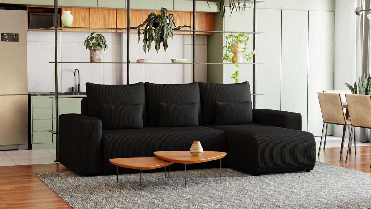ECKSOFA Travis mit Bettkasten und Schlaffunktion, L-Form, Cord, Universal - Schwarz, Holzwerkstoff (248/148cm) - 4ALL HOME