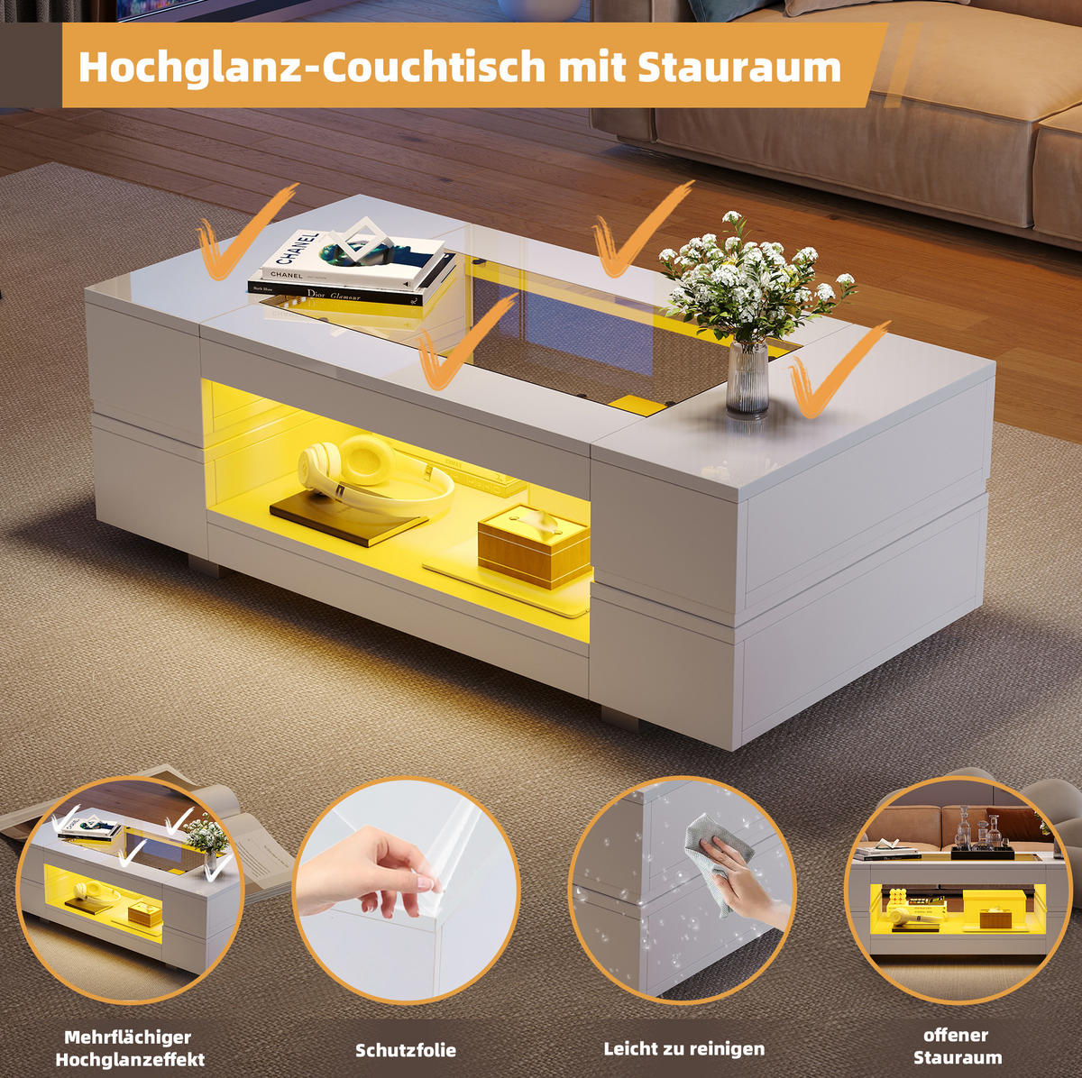 KONFERENČNÍ stolek z dřevotřísky 100x50x35 cm bílý s LED osvětlením, skleněnou deskou a úložným prostorem - bílá, kompozitní dřevo (100/50/35cm) - Modfu