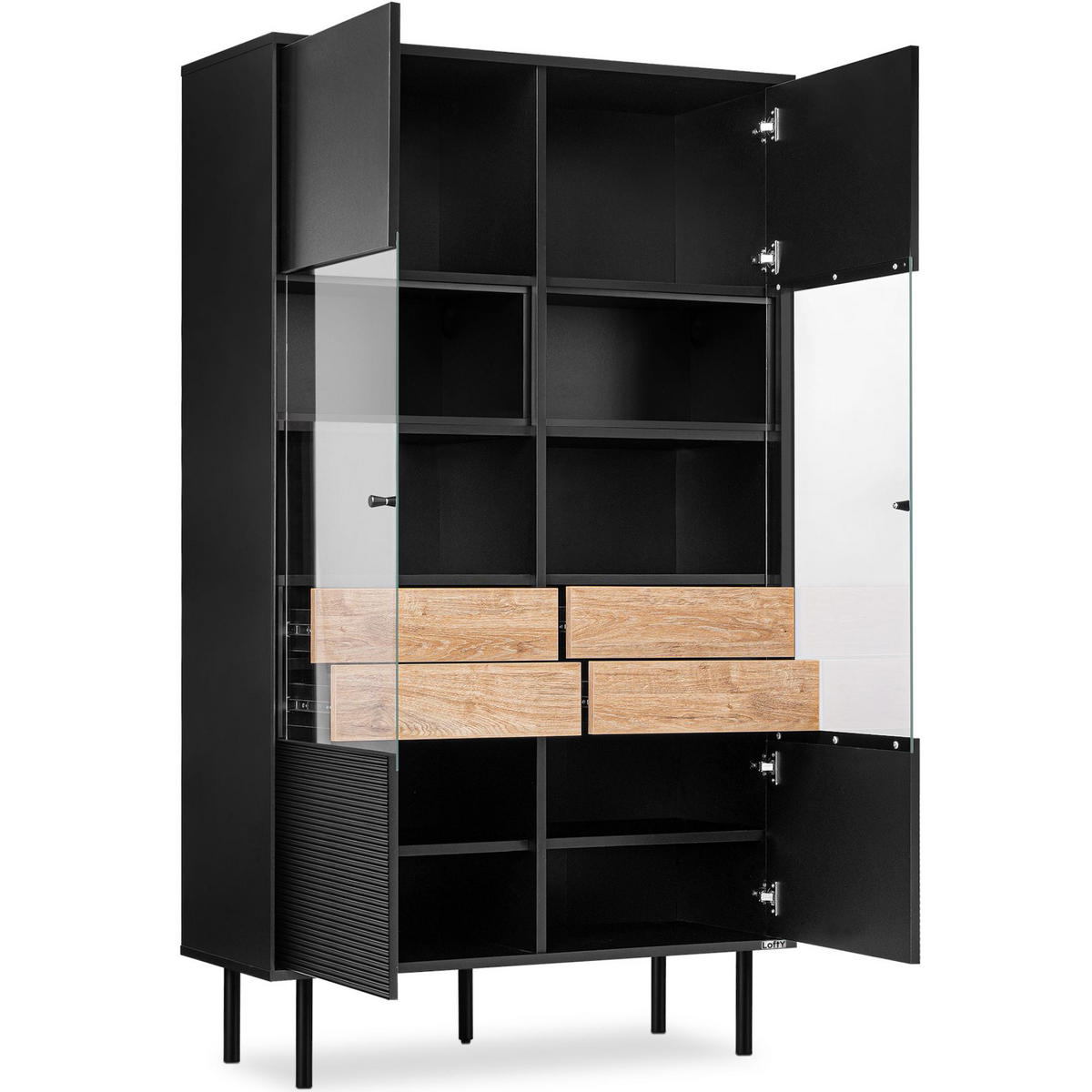 VITRINENSCHRÄNK LOFTY Außenseiteneinlage, schwarz / Eiche natur - Eichefarben/Schwarz, Holzwerkstoff (102/174/41cm) - KONSIMO®