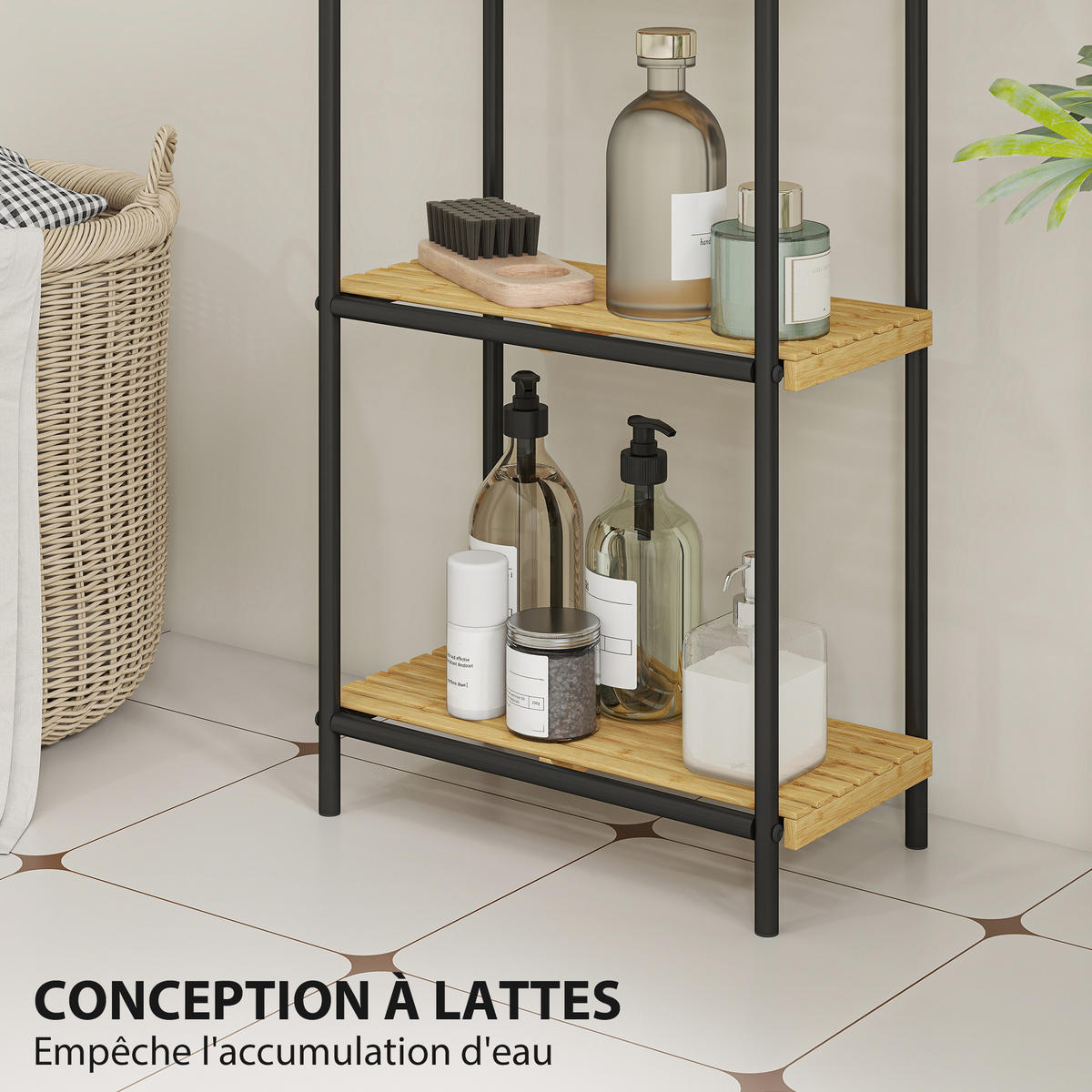 BADEZIMMERREGAL DE-17341 4 Ebenen, schmal aus Bambus & Stahl Natur - Schwarz, Naturmaterialien (21.5/106/41.5cm) - ComfortXL