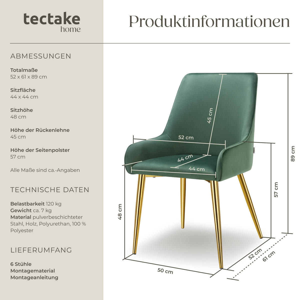POLSTERSTUHL 6er Set Avane 52 x 61 x 89 cm grün - Grün, Textil (52/89/61cm) - tectake