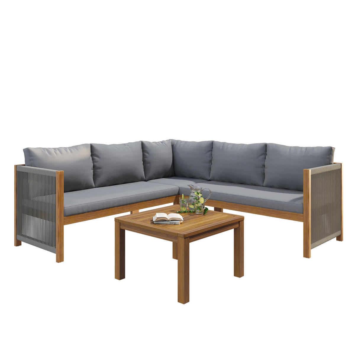 GARTENSET 187x187x71cm grau aus Massivholz, handgewebt - Grau, Textil - Modfu