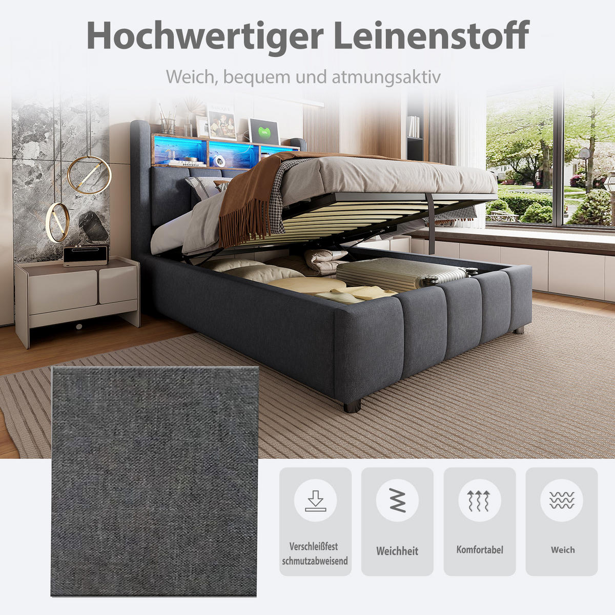 POLSTERBETT 90x200 cm LED USB Stauraum grau - Grau, Textil (90/200cm) - LEBENLANG