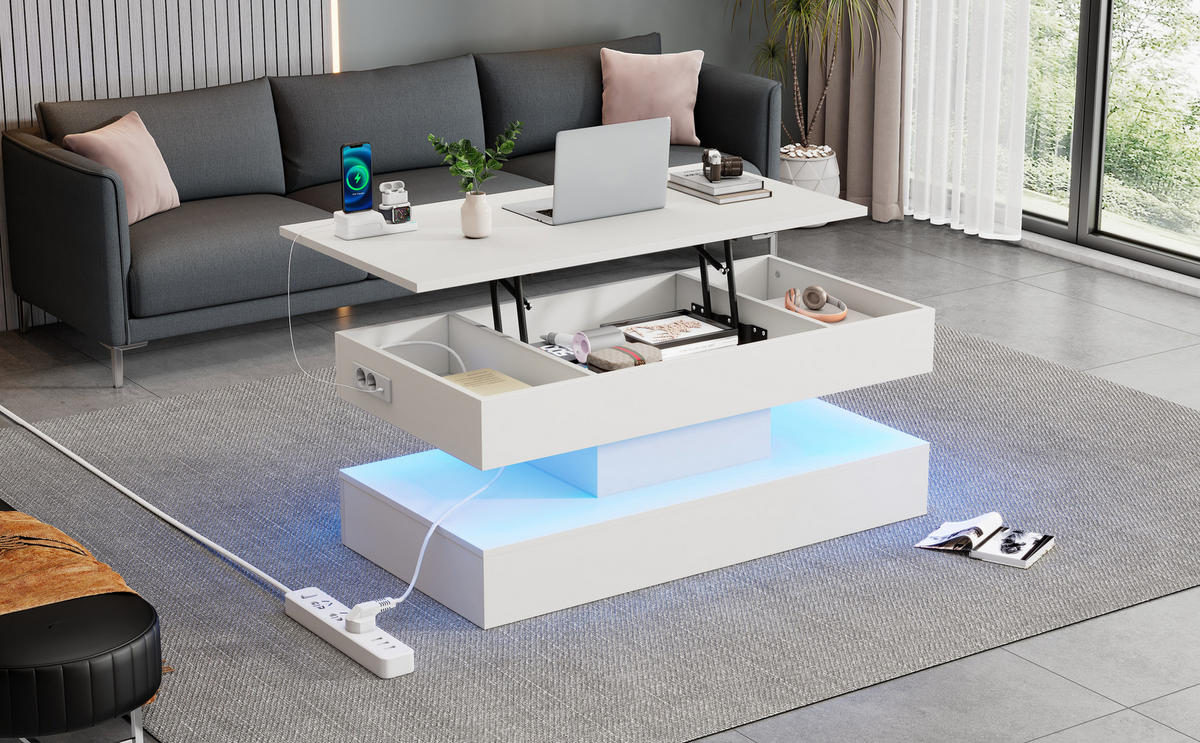 COUCHTISCH Weiß 100/50/42 cm mit LED-Beleuchtung und Steckdosen - Weiß, Holzwerkstoff (100/50/42cm) - PANGIVO